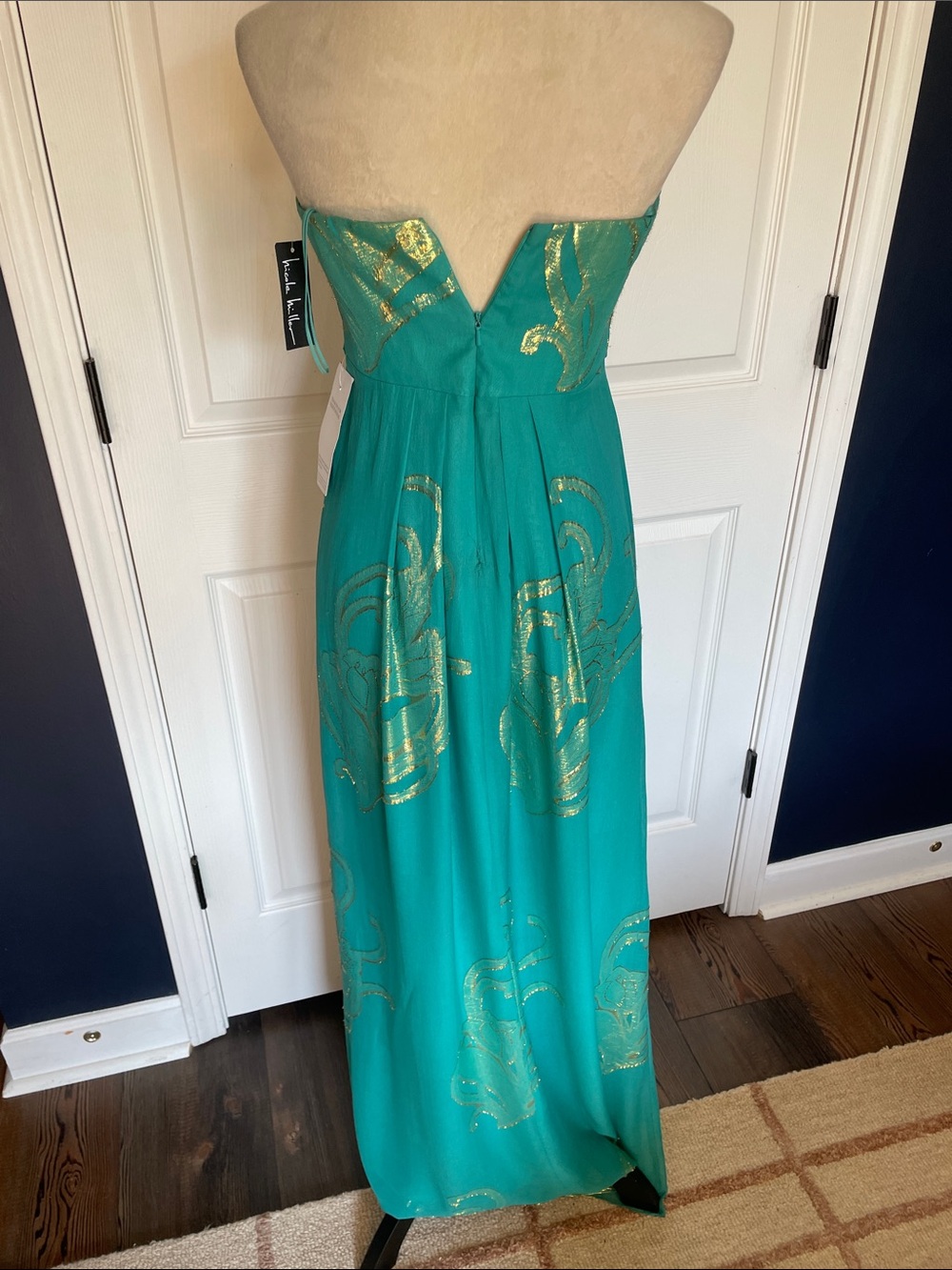 NWT Silk Nicole Miller Teal Strapless Maxi Dress Gold Foil Detail Size 6 - Picture 5 of 14